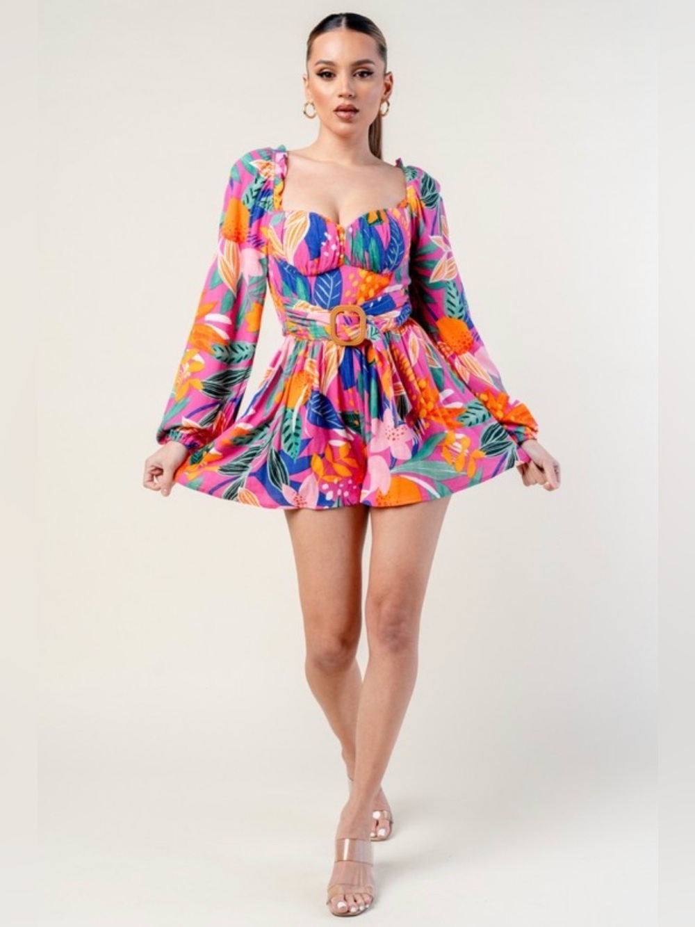 Vibrant Tropical Floral Belted Mini Dress